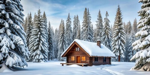 Cozy winter cabin nestled among frosted pines in snowy landscape, cozy, cabin, winter, snow, frosted, pines