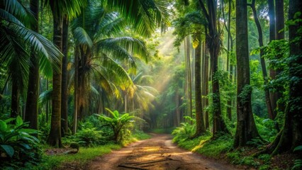 Obraz premium Footprints on dirt path in lush tropical forest with tall trees , footprints, dirt path, tropical forest, greenery