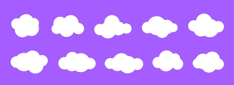 Comic clouds collection. Cartoon cloud shapes set for icon, poster, banner, label, badge, tag, logo, decoration. White speech bubble on purple background. Text box bundle. Vector