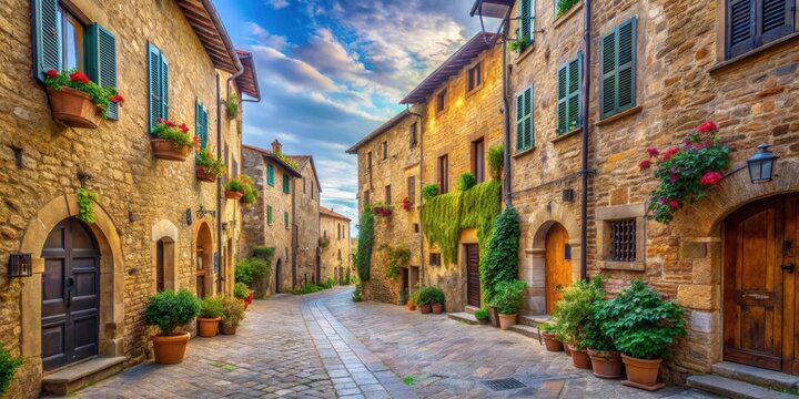 Fototapeta Charming street view of Pienza, Italy with colorful buildings and cobblestone streets, Pienza, Italy, Tuscany, Europe