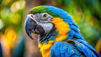 Vibrant blue and yellow feathers of a beautiful Blue-and-Yellow Macaw, Exotic, Tropical, Bird, Wildlife, Feathers, Bright