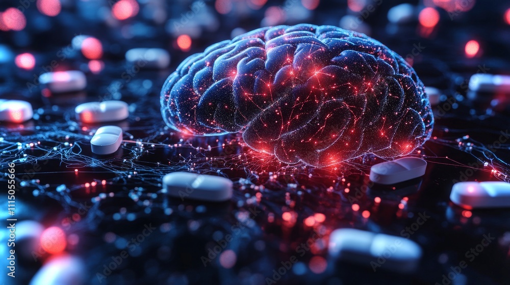 Poster exploring neural connections in a visually captivating brain illustration with vivid highlights