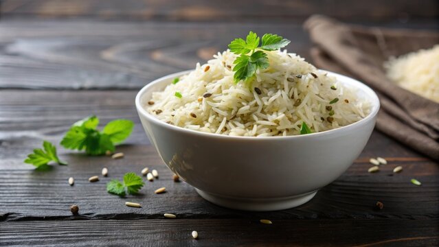 Jeera rice served in a white bowl , Indian cuisine, cumin rice, food photography, aromatic, flavorful, traditional