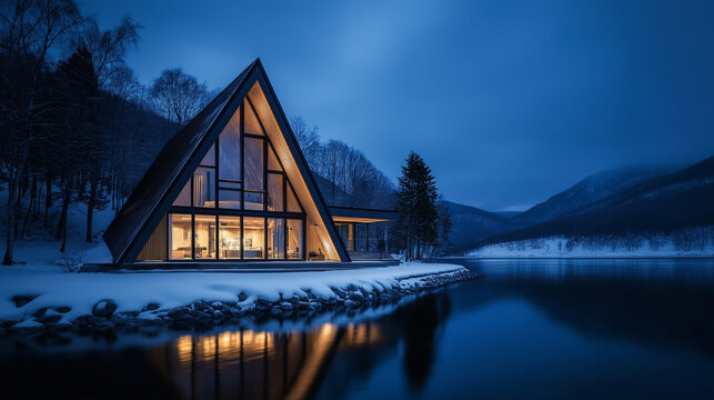 Modern a-frame cabin reflecting in calm lake at twilight in winter