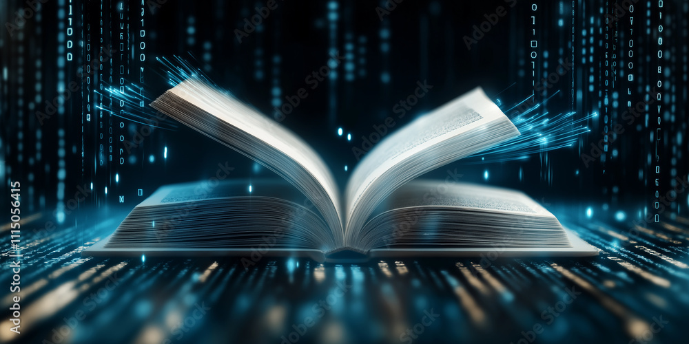 Aufkleber Open book transforming into digital information flowing as binary code