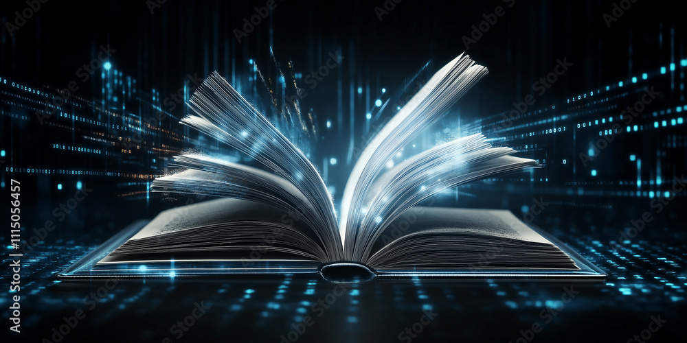 Poster open book emitting magic light beams and particles over digital futuristic background