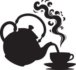 silhouette of teapot pouring tea into a cup vector art illustration
