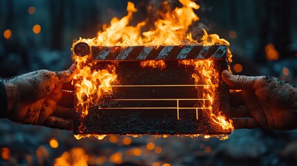 Hands hold a movie clapper board on fire, symbolizing the destructive force of climate change in the film industry