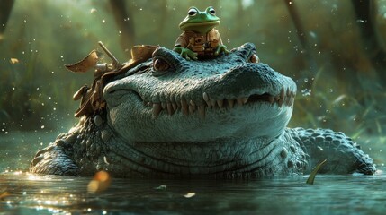 Fototapeta premium The Unlikely Duo: A Frog's Adventure on a Crocodile's Back
