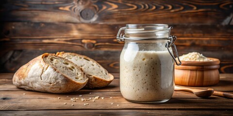 Active sourdough poolish bread starter in a glass jar on a wooden table, sourdough, poolish, bread, starter, active
