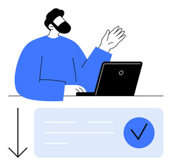 Person in blue sweater using laptop and making a gesture, accompanied by downward arrow and checkmark icons. Ideal for business, presentations, tech, workflow, productivity, validation