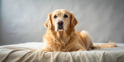 Obraz premium Golden retriever dog laying peacefully on a comfortable bed , Resting, Relaxing, Golden Retriever, Dog, Bed