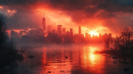 Naklejka premium Heatwave impacting an urban area, visualized by showing the extreme outdoor temperatures and atmospheric conditions