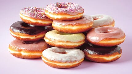 Deliciously Colorful Donut Stack Bakery Display Food Photography Bright Environment Close-Up View Tempting Treats for Sweet Lovers
