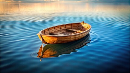 Obraz premium Wooden boat with a circular object inside floating on calm water, wooden, boat, circular, object, floating, calm, water