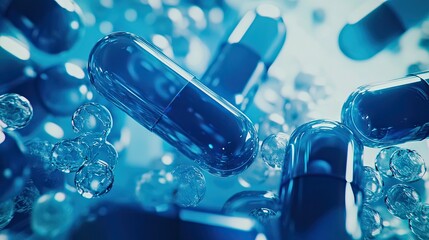 Create a background image with a futuristic pharmaceutical theme, featuring elements, molecules, and dermatological products. Color palette in shades of blue.