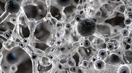 Create a hyperrealistic microscopic image of a carbon black PMU pigment particle suspended within a dense matrix of hyaluronic acid molecules 