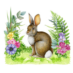 Cute bunny on fresh spring grass with garden flowers. Hand painted watercolor vintage style illustration. Perfect for Easter festive themes, greeting cards, seasonal decor and holiday designs