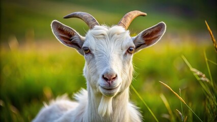 Fototapeta premium Close-up of a cute goat with white fur and pointy horns in a grassy field, goat, billy, field, grass, cute, animal, farm