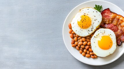 Delicious Breakfast Plate with Eggs Bacon and Beans Home Kitchen Food Photography Bright Natural Light High-Resolution Detail