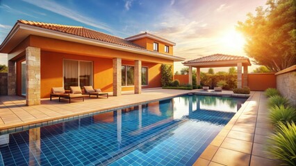 Fototapeta premium Luxury villa poolside with orange tiles under sunlight and shadows , luxury, villa, poolside, orange tiles