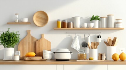 A kitchen designed with white and light yellow. The wooden counter and cabinets are combined with soft lighting and soft shadows, creating a calming atmosphere.