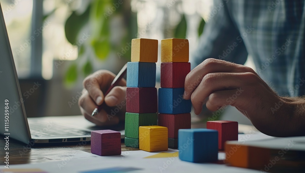 Poster building a colorful strategy: stacking blocks for business success efficiently