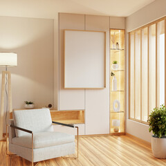 Mockup poster frame in living room with armchair and table on empty white wall background- 3D rendering