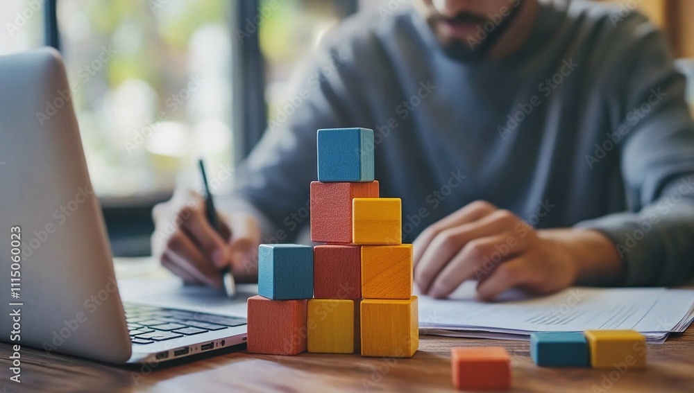 Poster building blocks: stacking cubes for growth and strategy, achieving business success efficiently
