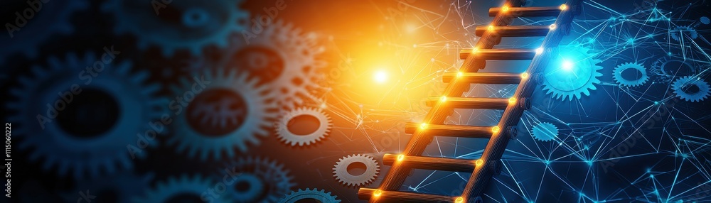 Poster a futuristic scene featuring a ladder against a backdrop of gears and digital connections, symbolizi