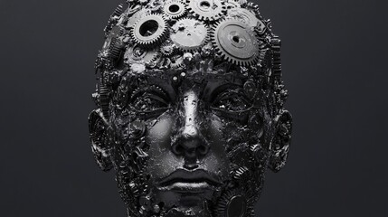 Gears and cogwheels mechanism on human head. 3D rendering.