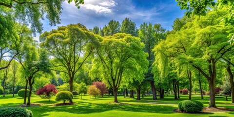 lush green foliage of various deciduous trees in a vibrant mixed park setting, summer, park, trees, deciduous, foliage, green