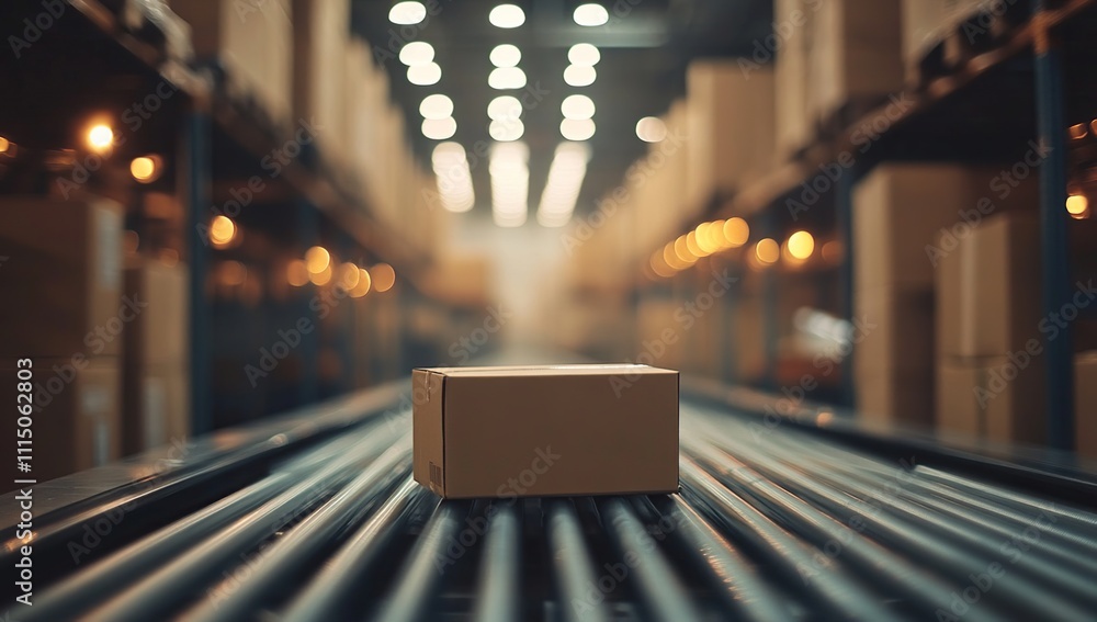Poster warehouse conveyor belt system: package moves efficiently through automated facility, optimizing log