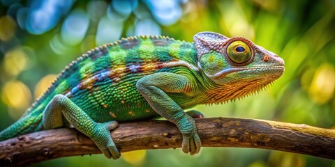 Fototapeta premium Chameleon blending in with its surroundings on a tree branch , camouflage, reptile, nature, wildlife, adaptable, stealth