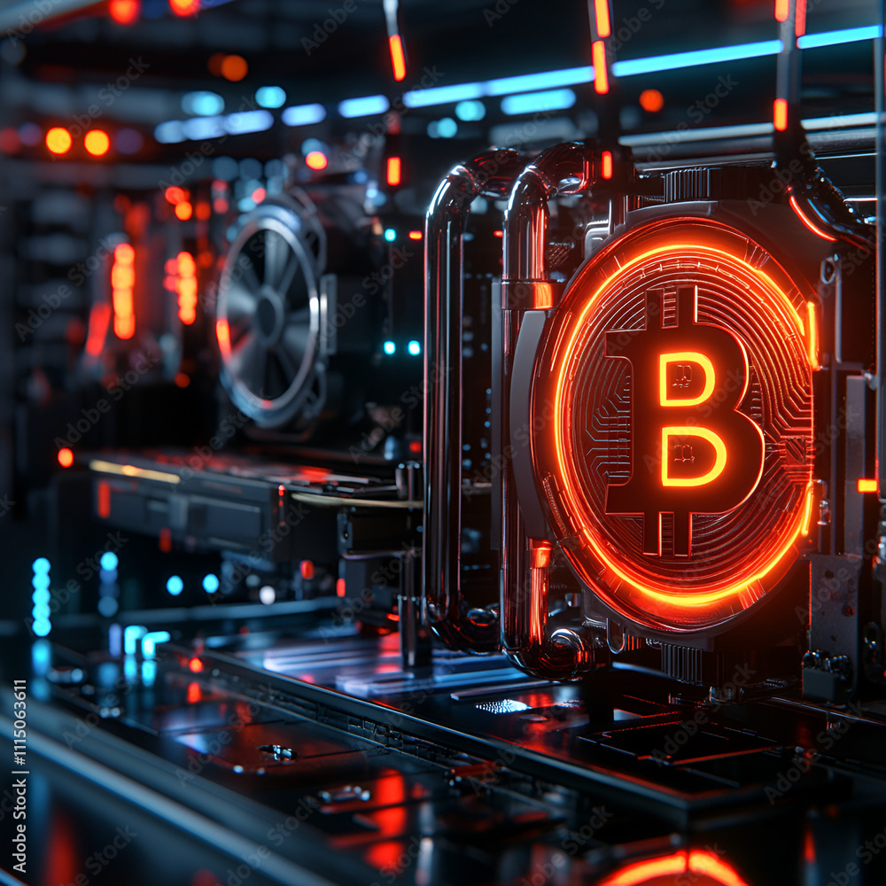 Poster bitcoin mining operation data center digital art high-tech environment close-up view cryptocurrency 