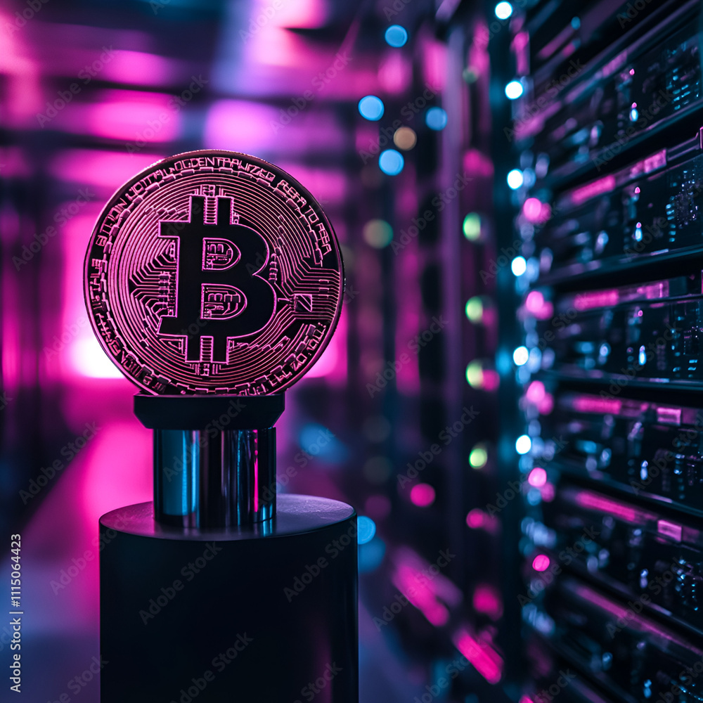 Poster bitcoin mining operations data center digital currency high-tech environment close-up view cryptocur