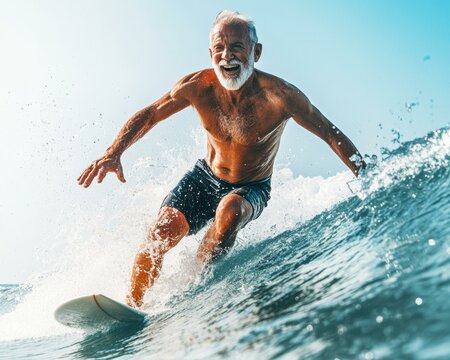 Senior man surfing a wave, smiling. AI.