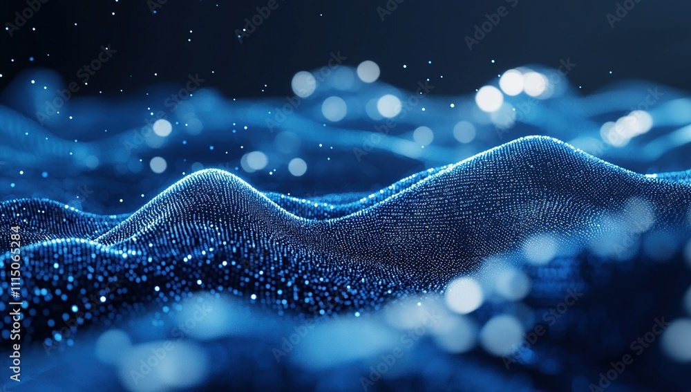 Poster abstract blue particle waves flowing dynamically across screen, futuristic technology background wit
