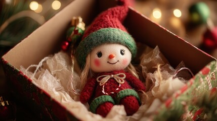An open Christmas gift box with a delicate, handmade Christmas doll inside, dressed in a festive red and green outfit, surrounded by soft tissue paper