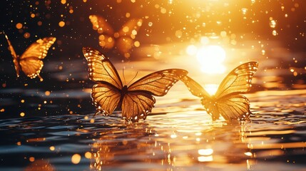 In the setting sun, Three butterflies, Made of gold, On the sparkling water, Each butterfly wing shines, There are bubbles in the water,