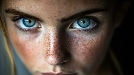 Fototapeta premium Close-up of a person's face with freckles and blue eyes. AI.
