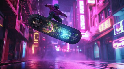 An electric-powered hoverboard floating above a neon-lit street.