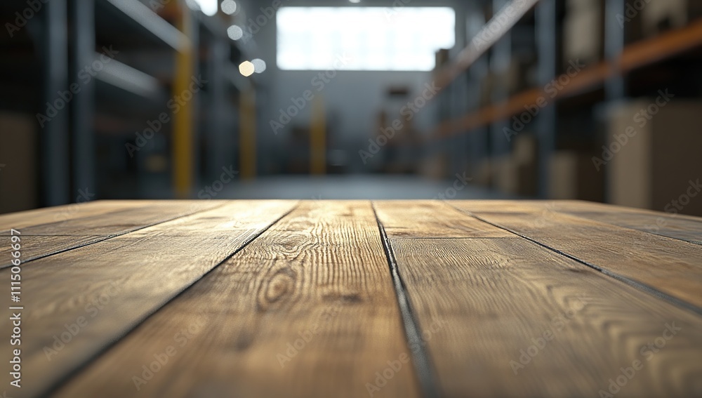 Poster warehouse inventory: wooden table surface shows product storage and distribution processes efficient