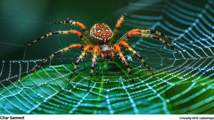 Obraz premium A close-up of a colorful spider on its intricate web with droplets of water.