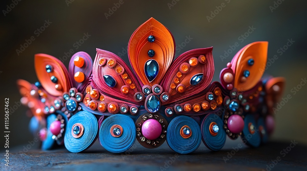 Poster a vibrant paper crown adorned with a stunning array of small gems and intricate painted patterns evo