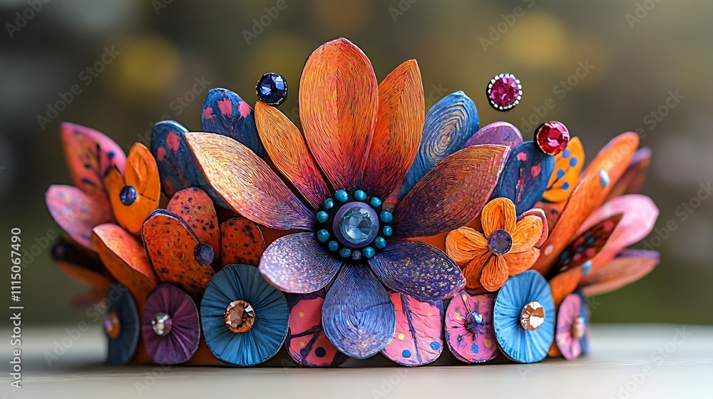 Poster exquisite paper crown adorned with sparkling gems and intricate painted patterns radiating a captiva