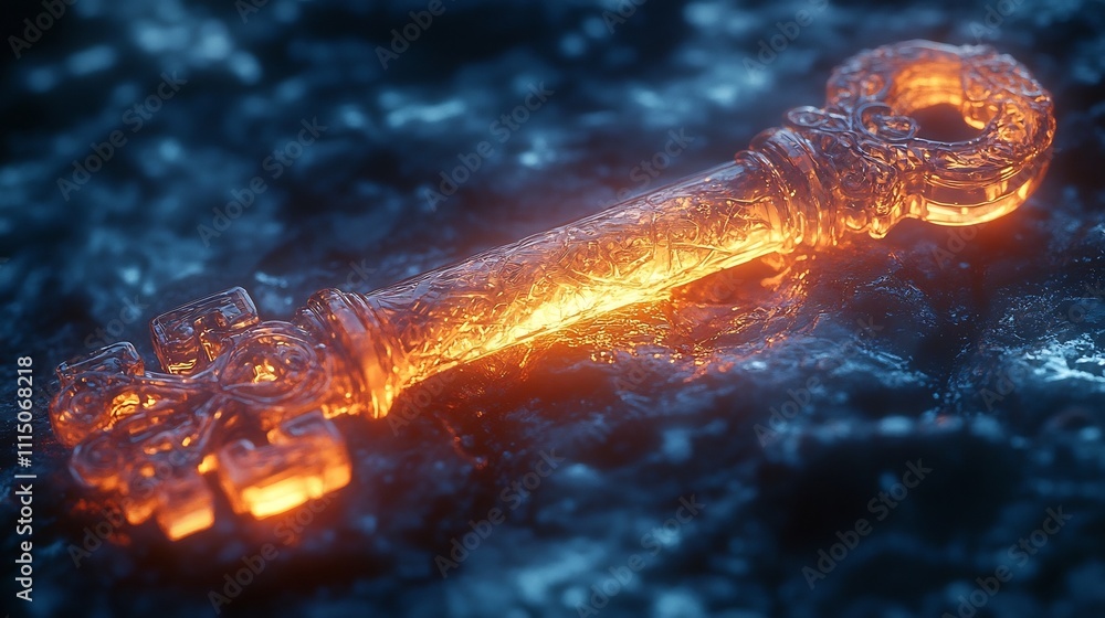 Poster translucent glass key with intricate frosted details placed on a reflective surface with a subtle gl