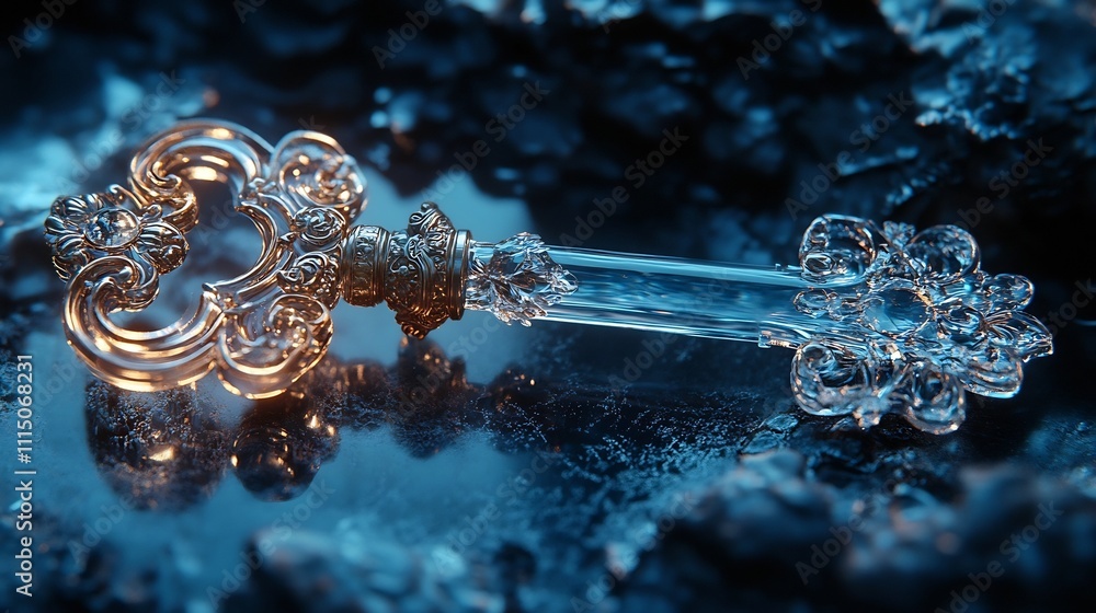 Poster A conceptual image of a translucent glass key with intricate frosted details placed on a reflective surface with a subtle glow creating a visually captivating and minimalist still life composition