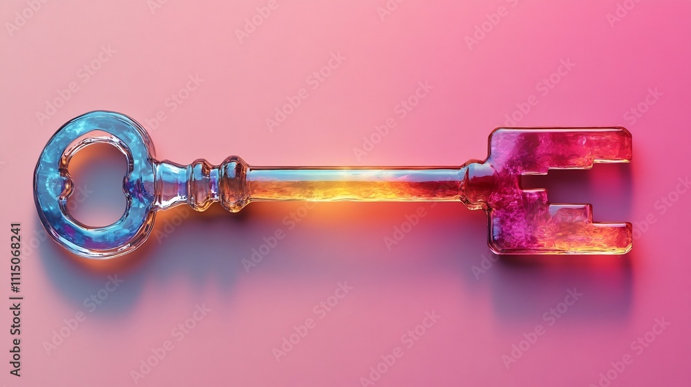 Poster An elegant and minimalist glass key design with light passing through the transparent material and casting captivating rainbow reflections on a neutral backdrop creating a conceptual and visual