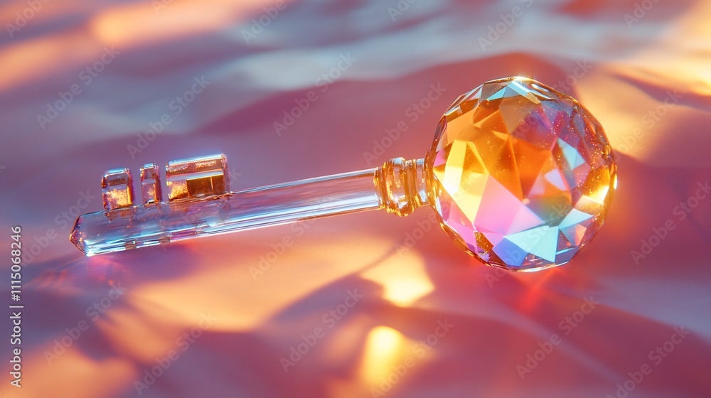 Poster conceptual image of an elegant minimalist glass key design with light passing through and casting ra